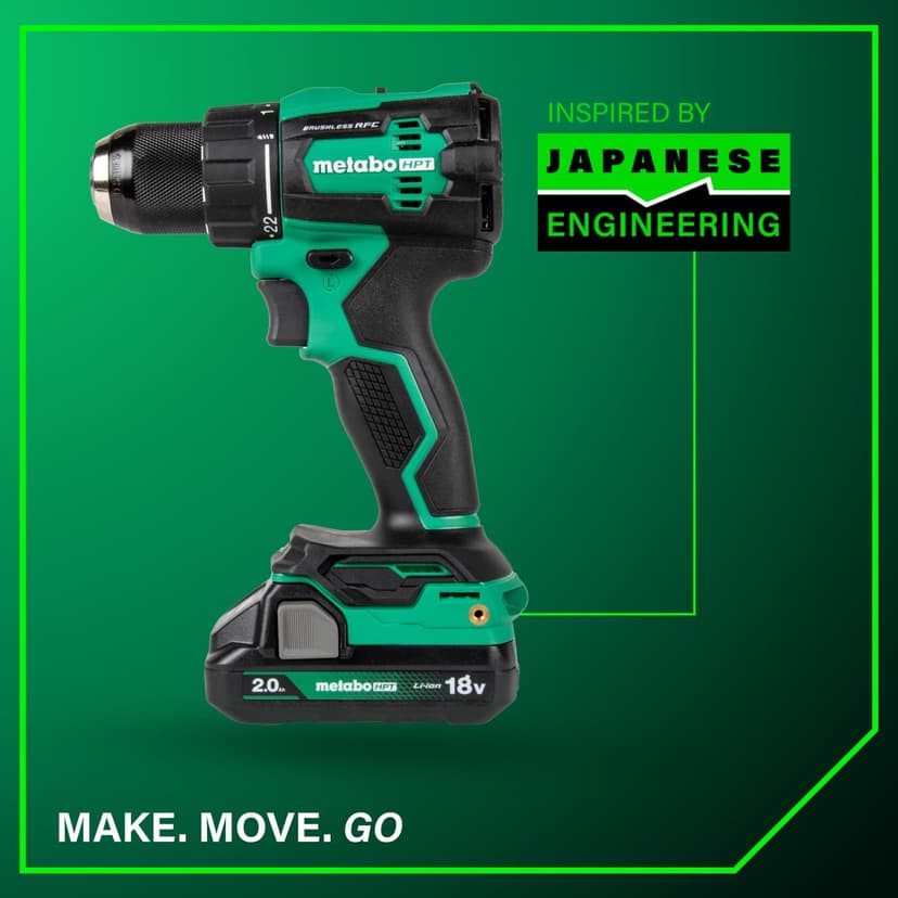 Metabo HPT 18V MultiVolt 1/2" Cordless Brushless Driver Drill Kit, High Power Drill Set with Bag, 2 Lithium-Ion Metabo Batteries and Charger, Compact Lightweight Power Driver, DS18DEX