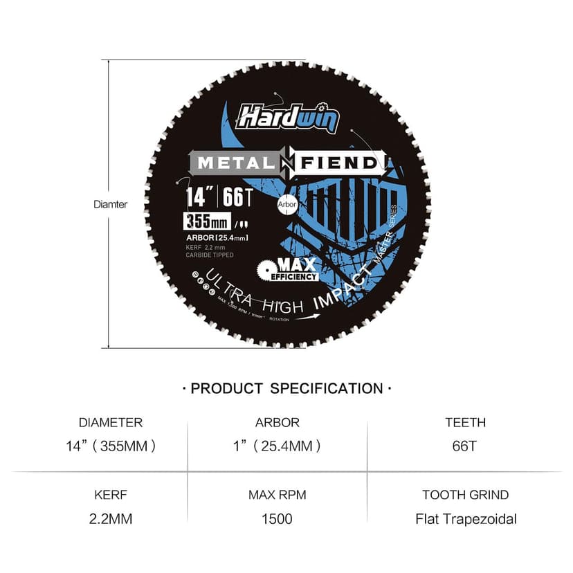 14-Inch Metal Cutting Saw Blade – No Heat, Low Sparks, 66-Tooth Cermet Carbide Tipped, Fits Evolution S14CPS/S15CPS/S355CPS – Thin Kerf for Steel, Angle Iron, Threaded Rod, 1-Inch Arbor