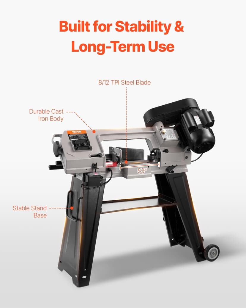VEVOR Metal Horizontal Band Saw, 4 x 6 in Rectangular Cutting Capacity, 110V, 550W, 0-45 Angle Adjustment, Variable Speed, for Metal, Wood, and Plastic