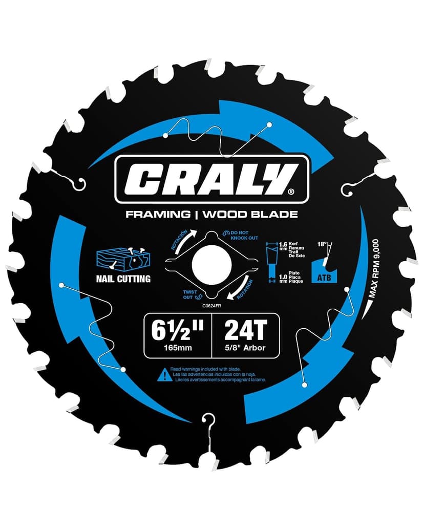 CRALY 6-1/2 Inch 24 Teeth Wood Cutting Framing Circular Saw Blade, 5/8 Inch Arbor, Carbide Tipped, Thin Kerf, Black Ice™ Coating, for Plywood, MDF, OSB, Laminated(C0624FR)