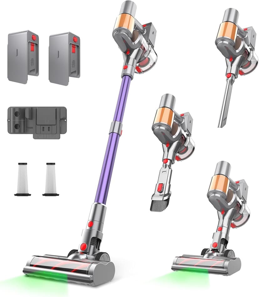 Cordless Vacuum Cleaner, 2 Batteries 120 Mins Runtime, 550W 45KPA Stick Vacuum with Self-Standing, Tangle-Free Brush, LED Display, Vacuum Cleaner for Home Hardwood Floor, Carpet, Pet Hair