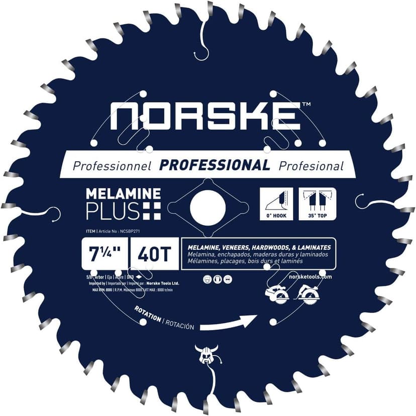 Norske Tools NCSBP271 7-1/4 inch 40T Melamine Plus Saw Blade for Ultra-Smooth Cutting of Melamine, Laminates, Hardwoods and Laminate Flooring 5/8 inch Bore with Diamond Knockout, 7-1/4” x 40 Teeth