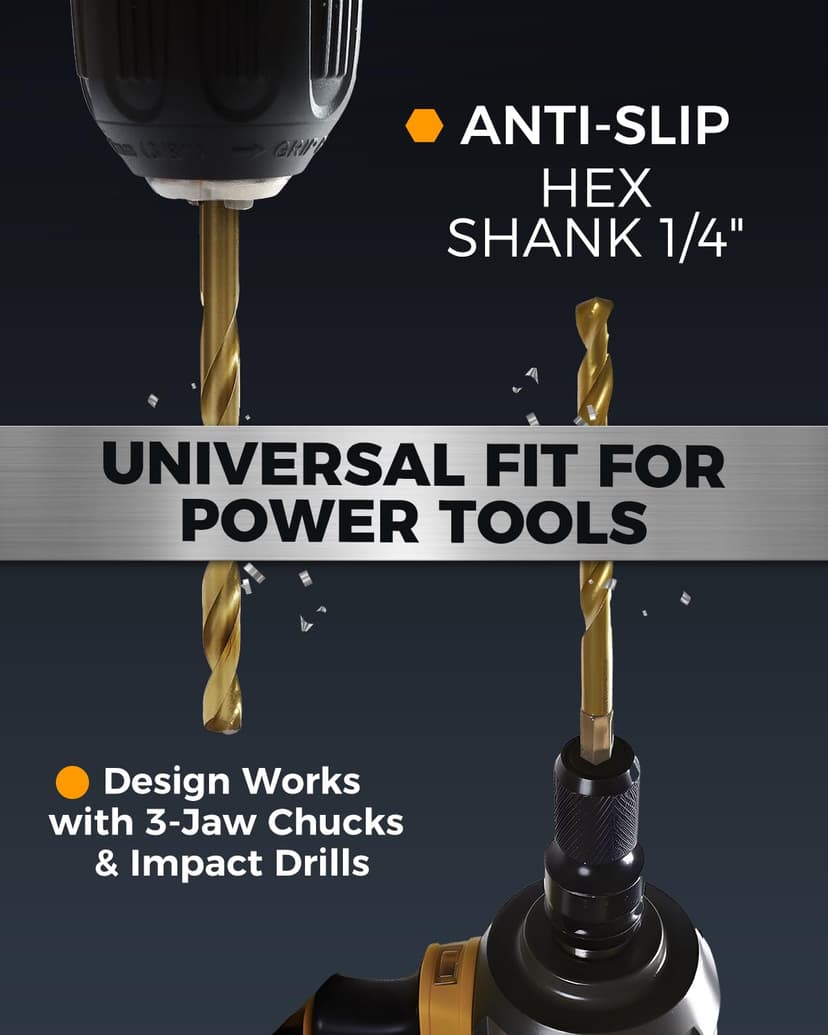 COMOWARE Titanium Twist Drill Bit Set - 16 Pcs Hex Shank High Speed Steel for Wood Plastic Aluminum Alloy, Quick Change, 1/16"-1/4"