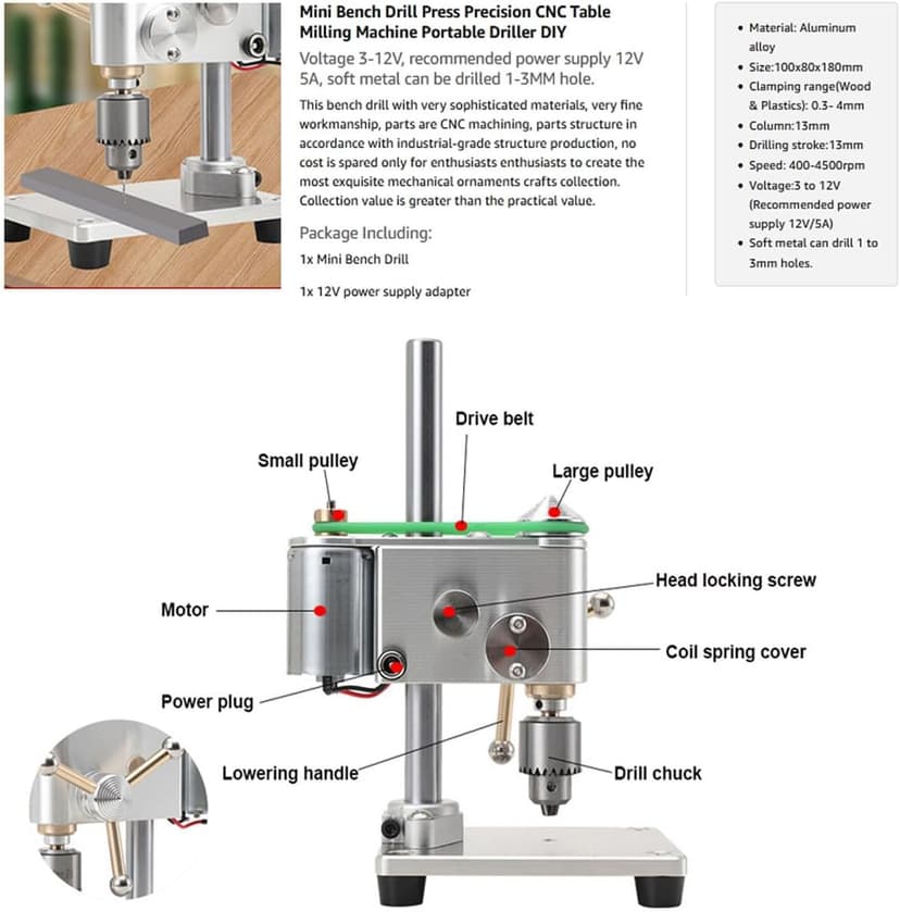 Mini Drill Press, Precision Variable Speed Benchtop Drill Press, Electric Portable Bench Drilling Machine JT0 Chuck CNC 360° Rotating for Metal Wooden DIY Jewelry Making Crafts Tool