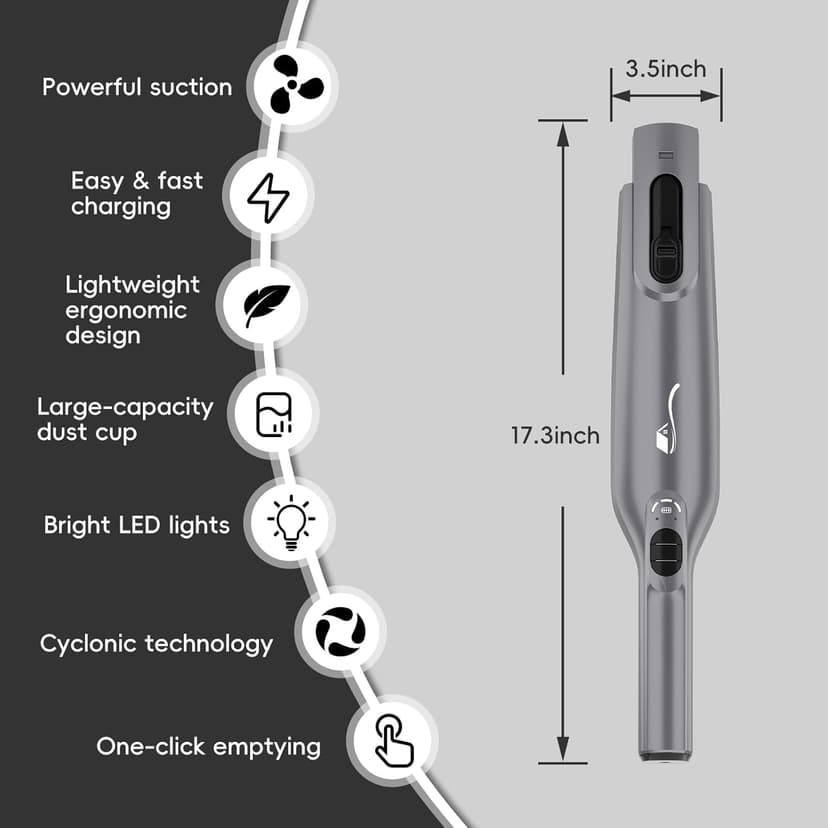 Cordless Handheld Vacuum, Lightweight Portable Hand Vacuum Cleaner with LED Light,Rechargeable Hand Held Vacuum with Charging Dock, Powerful Suction for Office, Home,Car,Silver