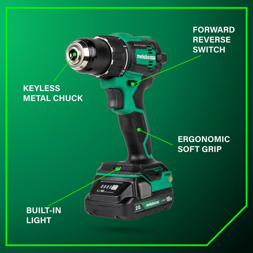 Metabo HPT 18V MultiVolt 1/2" Cordless Brushless Driver Drill Kit, High Power Drill Set with Bag, 2 Lithium-Ion Metabo Batteries and Charger, Compact Lightweight Power Driver, DS18DEX