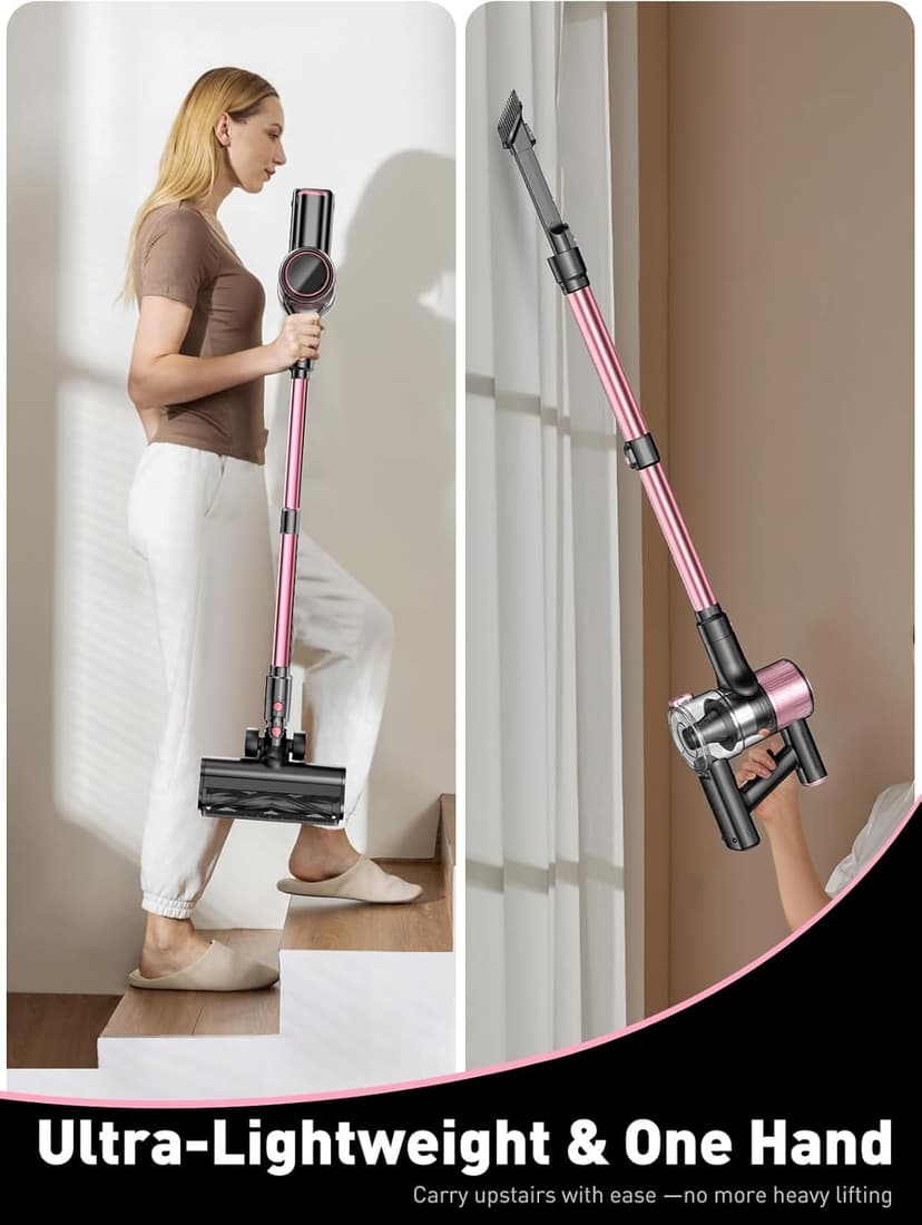 Cordless Vacuum Cleaner, 10-in-1 Vacuum Cleaners for Home with 28.75 in Hose, LED Display, Anti-Tangle Brush, Lightweight Stick Vacuums for Carpet, Pet Hair, Hardwood Floors, Dryer (Pink)