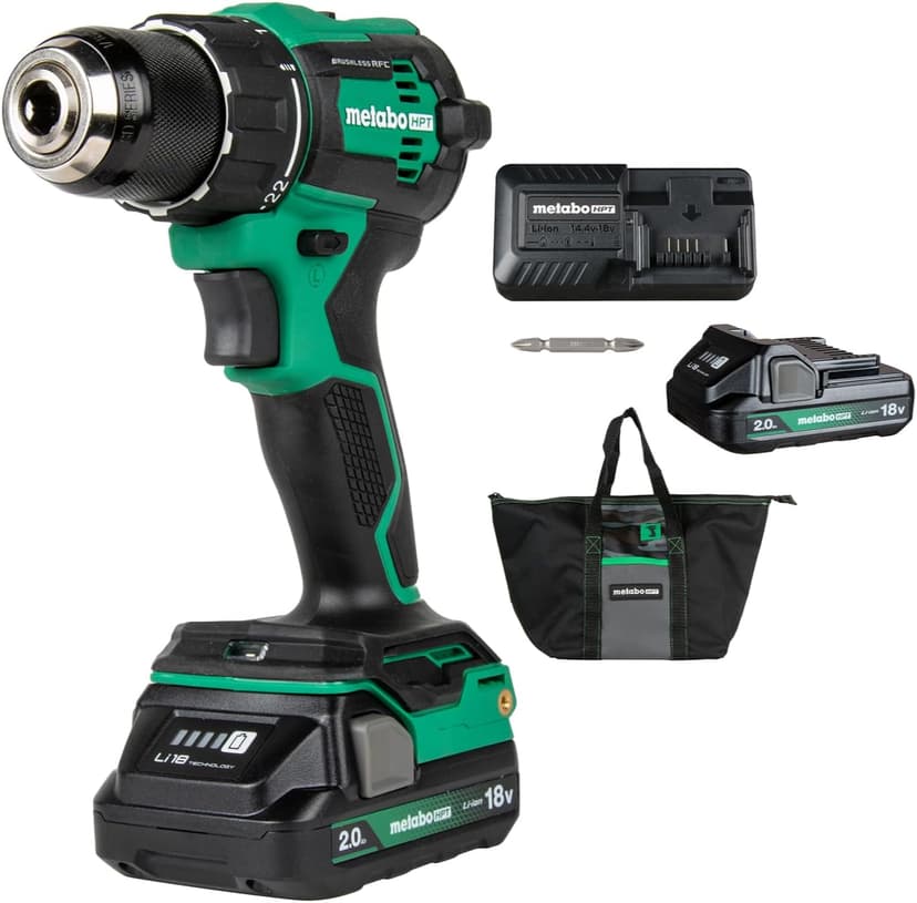 Metabo HPT 18V MultiVolt 1/2" Cordless Brushless Driver Drill Kit, High Power Drill Set with Bag, 2 Lithium-Ion Metabo Batteries and Charger, Compact Lightweight Power Driver, DS18DEX