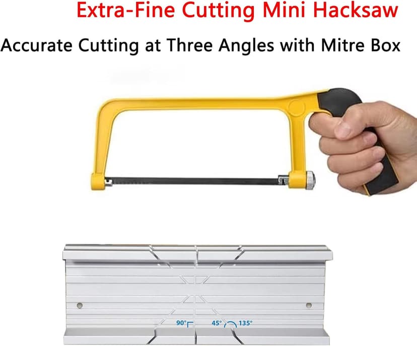 Mini Metal Miter Box and Saw Set, 6 Inch Extra Fine Cut Hand Saw, 5.3 Inch Small Aluminum Miter Box with 3 Hacksaw Replacement Blades for Crafts, Hobby Projects, Cutting Wood, Soft Metal