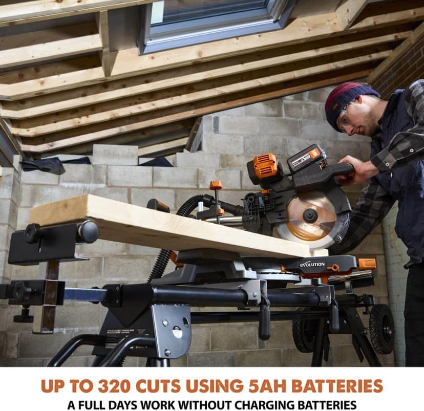 Evolution R255SMS-DB-Li Cordless Dual Bevel Sliding Miter Saw | 40V Brushless Motor | 48° Bevel, 50° Miter | Compact & Lightweight | Includes Multi-Material Blade, Battery & Charger