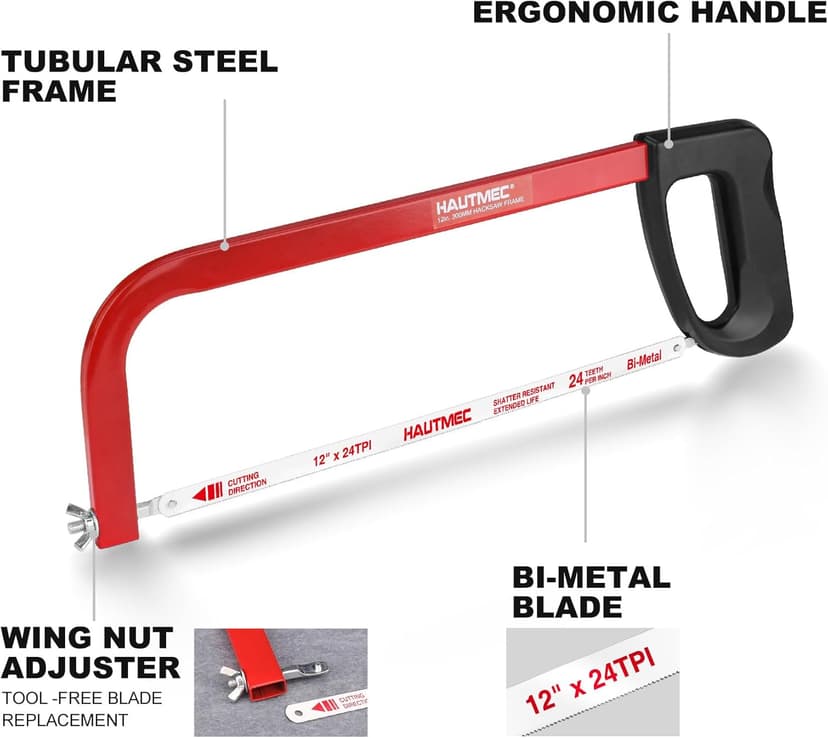 HAUTMEC 12-Inch High Tension Hacksaw, Lightweight Hack saw Frame with 24 TPI Bi-Metal HSS Blade, Adjustable Tension Hand Saw for Cutting Metal, Steel Pipe, PVC, and Wood – HT0398