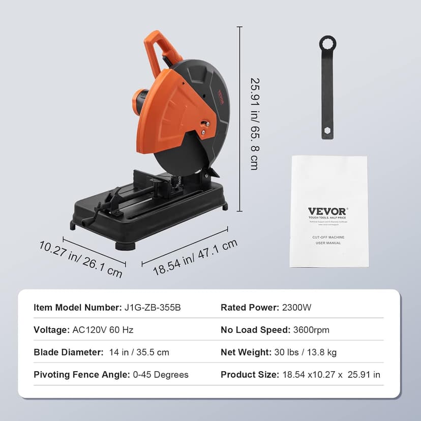 VEVOR Abrasive Chop Saw, 14in / 35cm Blade, 2300W 3600RPM Steel Cutting Machine, 0-45Degrees Adjustable Angle Miter Saw for Cutting Metal, Rebar, Iron, Aluminum - Black