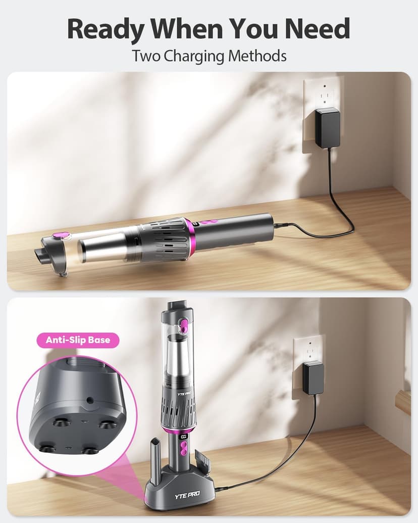 Handheld Vacuum Cordless 25000Pa Car Vacuum 3-in-1 Handheld Vacuum, Includes Smart Display and Charging Base Hand Vac Cordless Rechargeable One-Touch Empty for Home/Pet/Car (Violet)