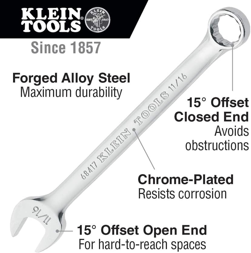 Klein Tools 68413 7/16-Inch Combination Wrench, 12-Point, Open End and Box End