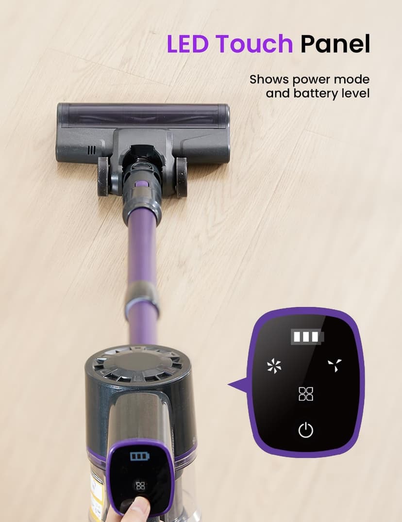Cordless Vacuum Cleaner, 6-in-1 Lightweight Stick Vacuum, Self-Standing, 35Mins Runtime,2200mAh Rechargeable Battery,LED Screen,Powerful Vacuum Cleaners for Home Hardwood Floor Carpet Pet Hair(Purple)