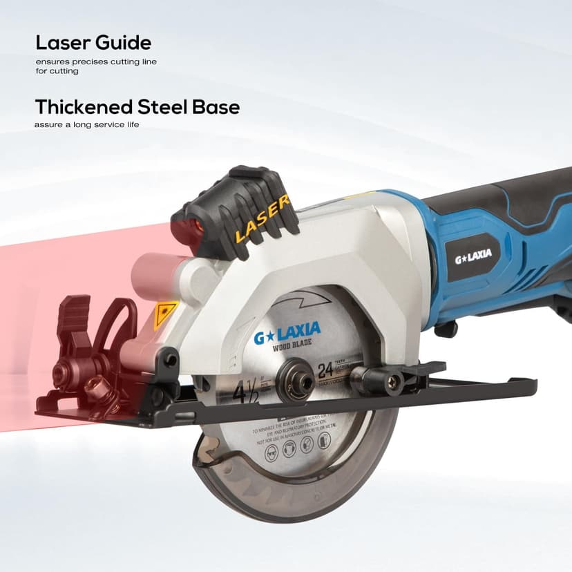 Mini Circular Saw, 4-1/2" 3400RPM Cordless Circular Saw with Laser Guide, Rip Guide, Compact Hand Saw with 2Pcs blades（24T+60T), Max Cutting Depth 1-11/16"(90°), 1-1/8"(45°)