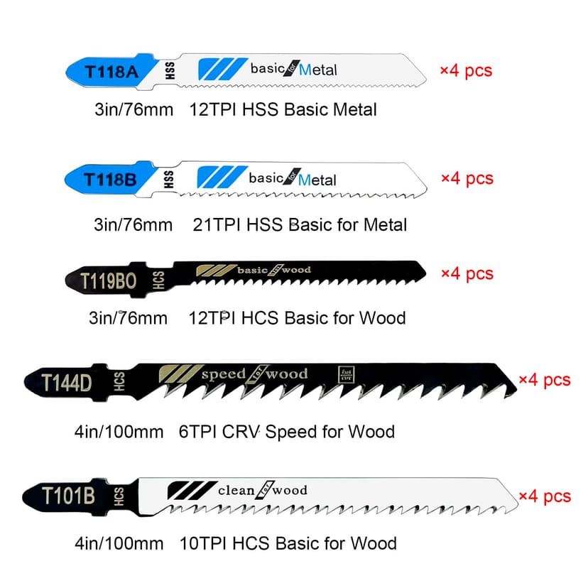 20 Pcs T Shank Jigsaw Blades, Jig Saw Blade Set, Multi-Purpose Jig Saw Blades for Wood, Pruning Plastic Metal Cutting Made with HCS/HSS, Jigsaw Blade, for Most Jig Saw Models
