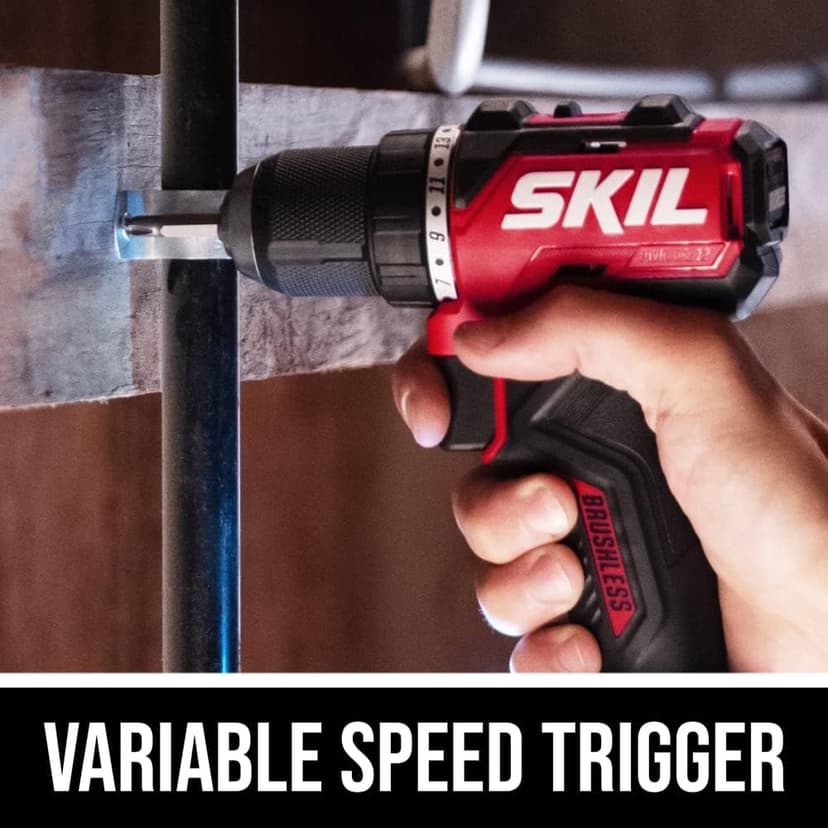 SKIL PWR CORE 12 Brushless 12V 1/2" Compact Variable-Speed Drill Driver Kit with 1/2'' Single-Sleeve, Keyless Chuck & LED Worklight Including 2.0Ah Battery and PWR JUMP Charger - DL6290A-10