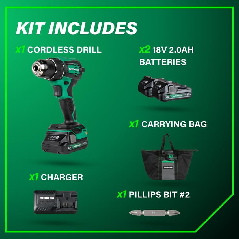 Metabo HPT 18V MultiVolt 1/2" Cordless Brushless Driver Drill Kit, High Power Drill Set with Bag, 2 Lithium-Ion Metabo Batteries and Charger, Compact Lightweight Power Driver, DS18DEX
