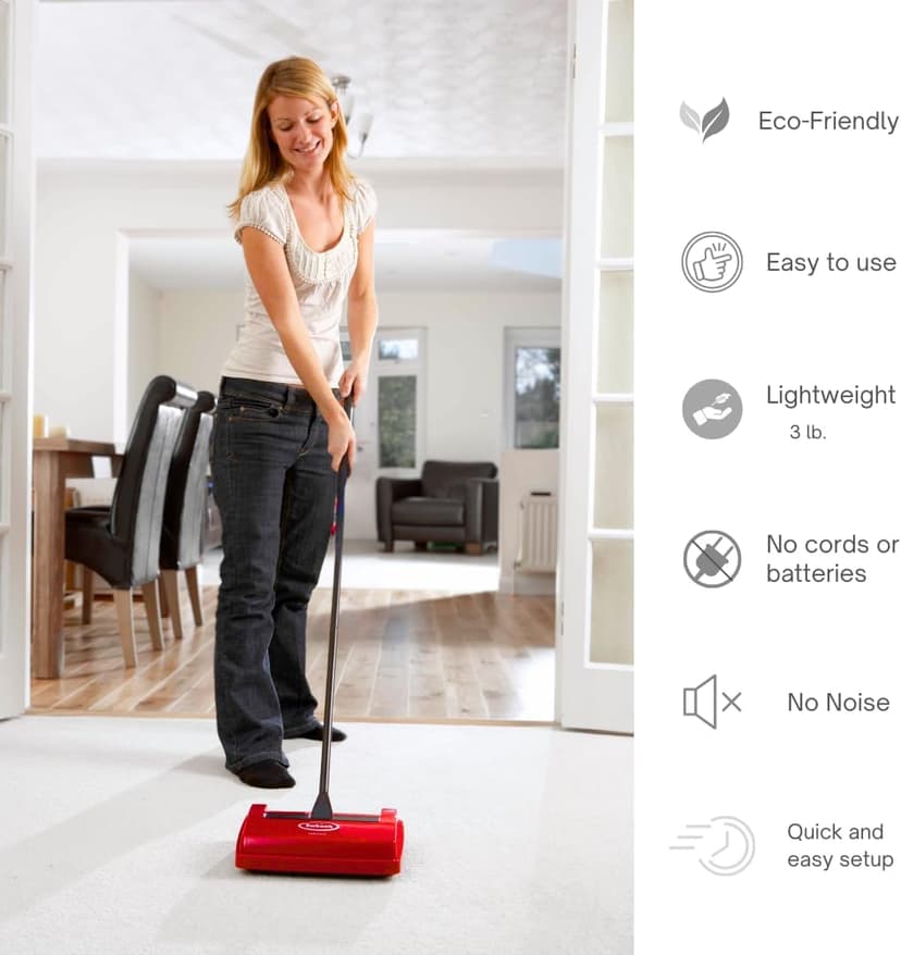 Ewbank Speedsweep Carpet Sweeper - Compact, Lightweight, Non-Electric Floor Cleaner - 46" Height, 12 oz, Red