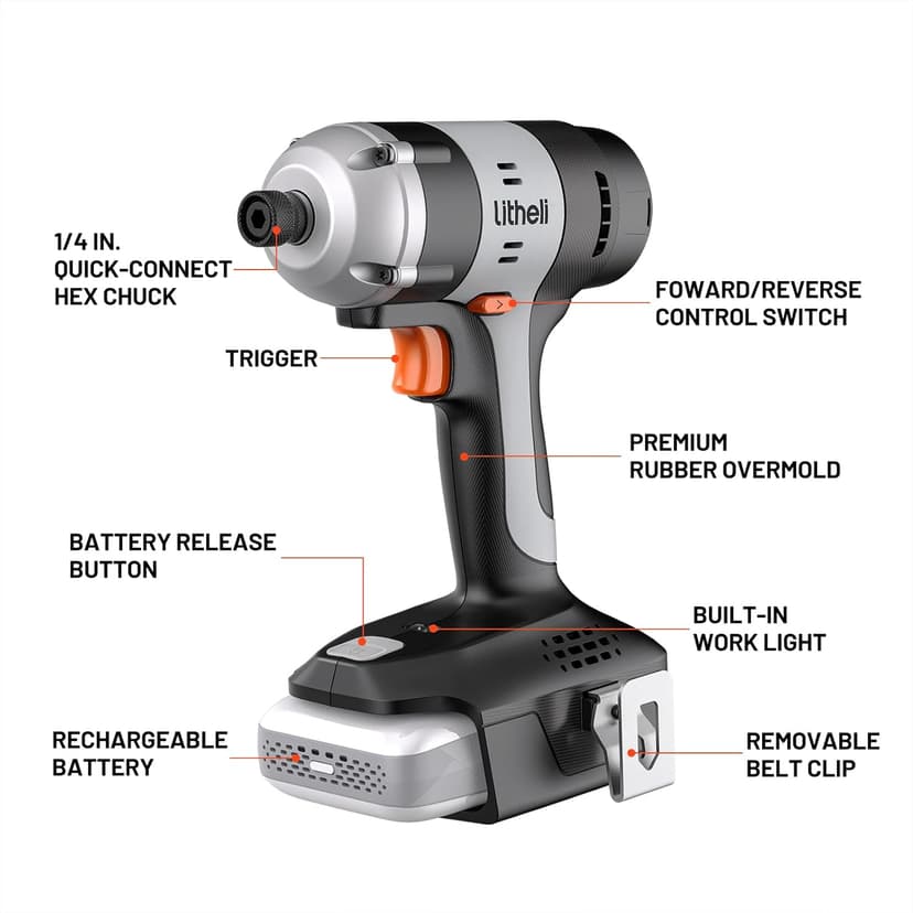 Litheli 20V Cordless Impact Driver, 1593 in-lbs Max Torque, 1/4 in. Hex Power Drill/Driver with Battery (Charger not Included)