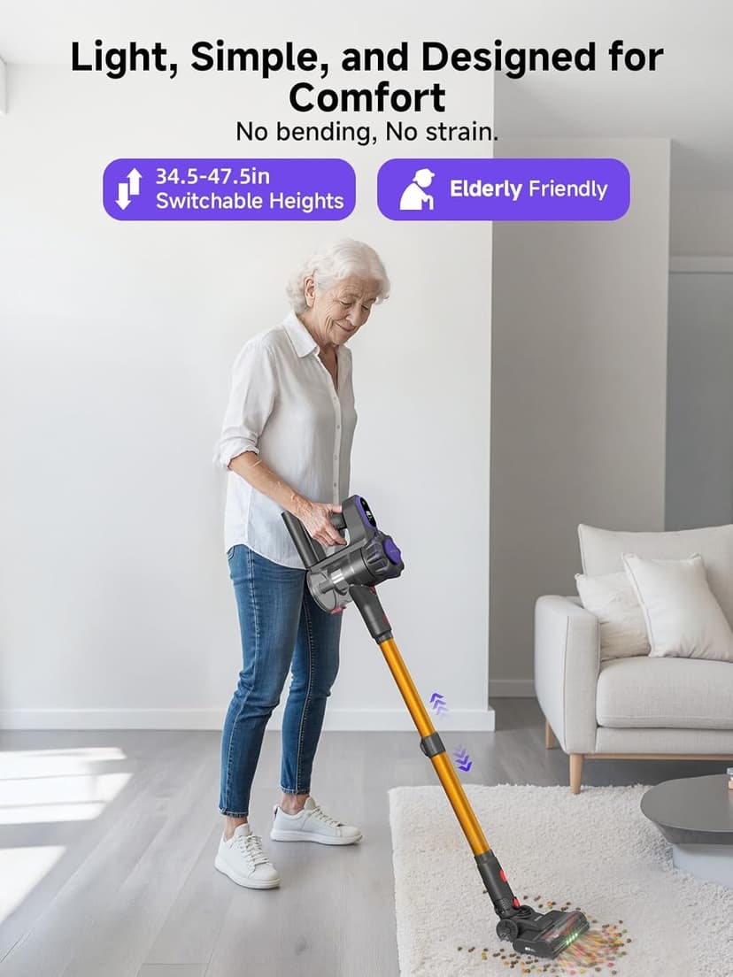 MONSGA Cordless Vacuum Cleaner, 45KPa 400W Stick Vacuum for Home, 50Mins Anti-Tangled Vacuum Cleaner with Charging Dock, Light-Weighted Handheld Vacuum for Pet Hair/Carpet/Floor, LED Display, MV3