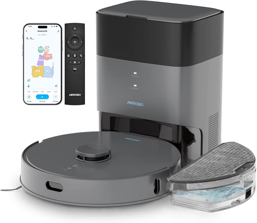 AIRROBO T25+ Robot Vacuum and Mop Combo, 5500Pa Suction, Pet Area Smart Boost, Carpet Detection, Tangle-Free Brush, LDS Mapping, APP Control, 3.5L Self-Empty Bin for Hard Floors, Carpets, Pet Hair