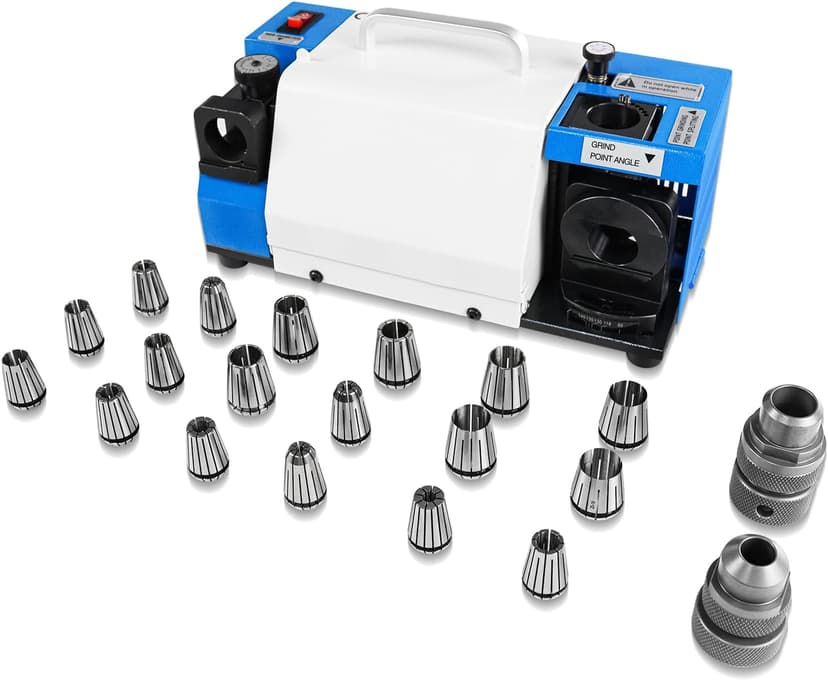 Drill Bits Sharpener, 3-20mm Drill Bit Grinding Machine, Lip Relief Angle & 95°-135° Point Angle Adjustable Drill Bit Re-Sharpener, Portable Bits Sharpening Machine with 18 Collets, CBN & SDC Wheel