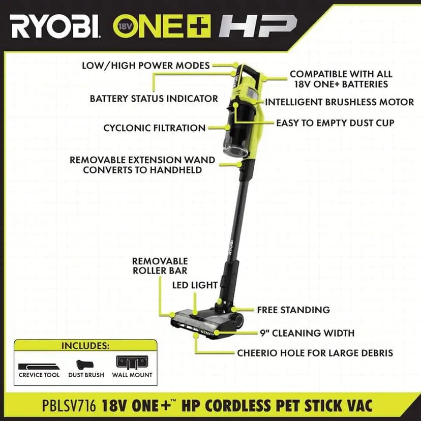 Pacroban ONE+ HP 18V Brushless Cordless Pet Stick Vacuum Cleaner Kit with 4.0 Ah HIGH Performance Battery and Charger