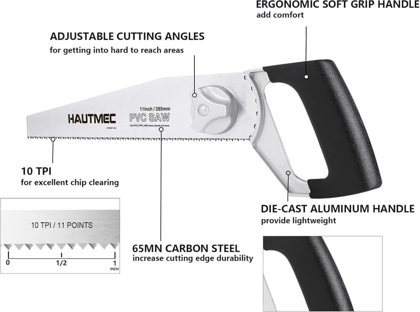 HAUTMEC Heavy Duty 11-Inch PVC/ABS Pipe Saw And General Purpose Hand saw, Adjustable Cutting Angle, For Cutting Pipe In Tight Spaces, for Trimming, Gardening, Wood, Drywall, And Plastic HT0027-SA