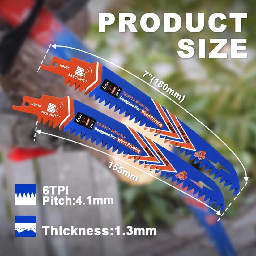 Japanese Teeth Reciprocating Saw Blades 7"- Curved Edge Wood Pruning Saw Blades 6TPI for Tree Trimming, Wood Cutting, Cr-V Sabre Saw Pruning Blade