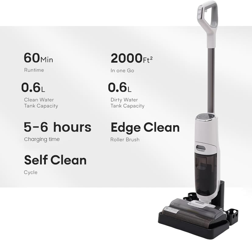 Smart Cordless Wet Dry Vacuum Cleaner and Mop for Hardwood Floor, Digital Display, Long Run Time, Great for Sticky Messes and Pet Hair, Space-Saving Design 250W