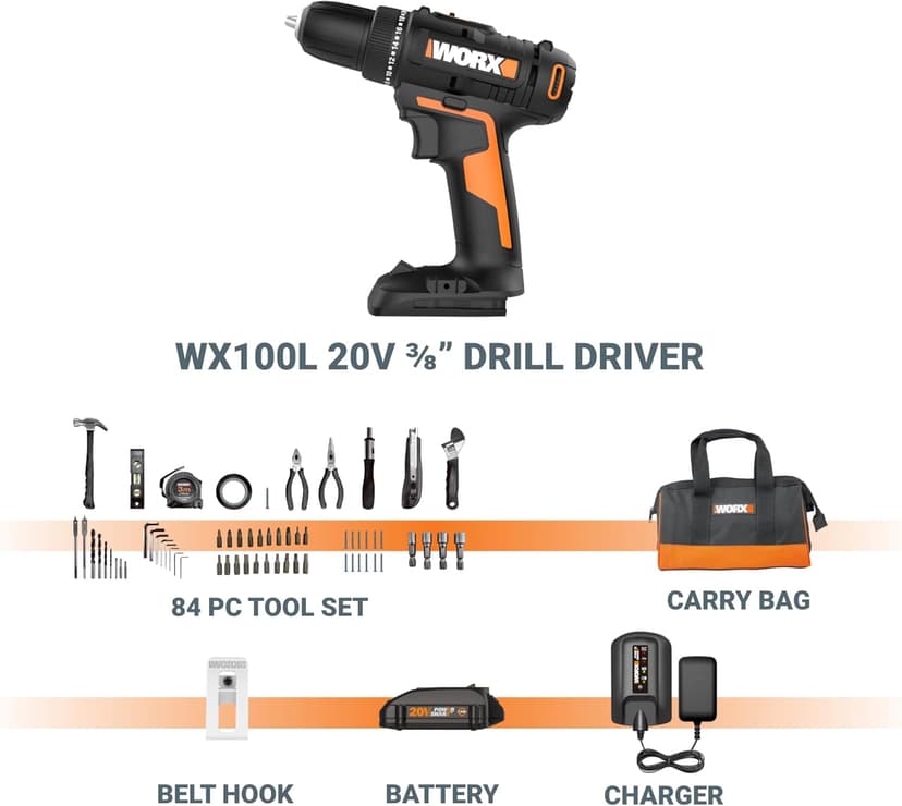 Worx 20V Cordless Drill Driver, 84pc Accessory Kit, Variable 2-Speed, 265 In-Lbs Torque, 20+1 Clutch, Lightweight, Compact, 3/8-Inch Keyless Chuck - Battery & Charger Included