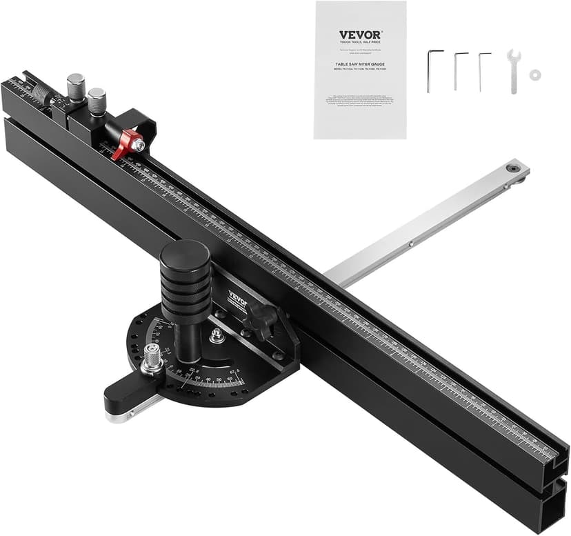 VEVOR Precision Miter Gauge, Standard Slot 3/4'' x 3/8'', Aluminum Alloy Table Saw Miter Gauge with 24 in Grating 15 Angle Stops Adjustable Spring Loaded Plunger and Removable Disc, for Woodworking