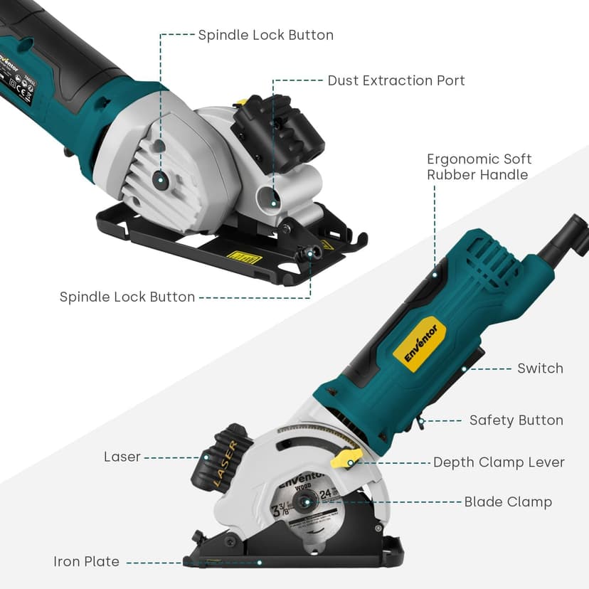 Enventor Mini Circular Saw, 4.8A Electric Circular Saws Corded with Laser Guide, 4000RPM, 3 Saw Blades 3-3/8" Max Cutting Depth 1-1/16", Compact, Power for Wood, Soft Metal, Tile, Plastic