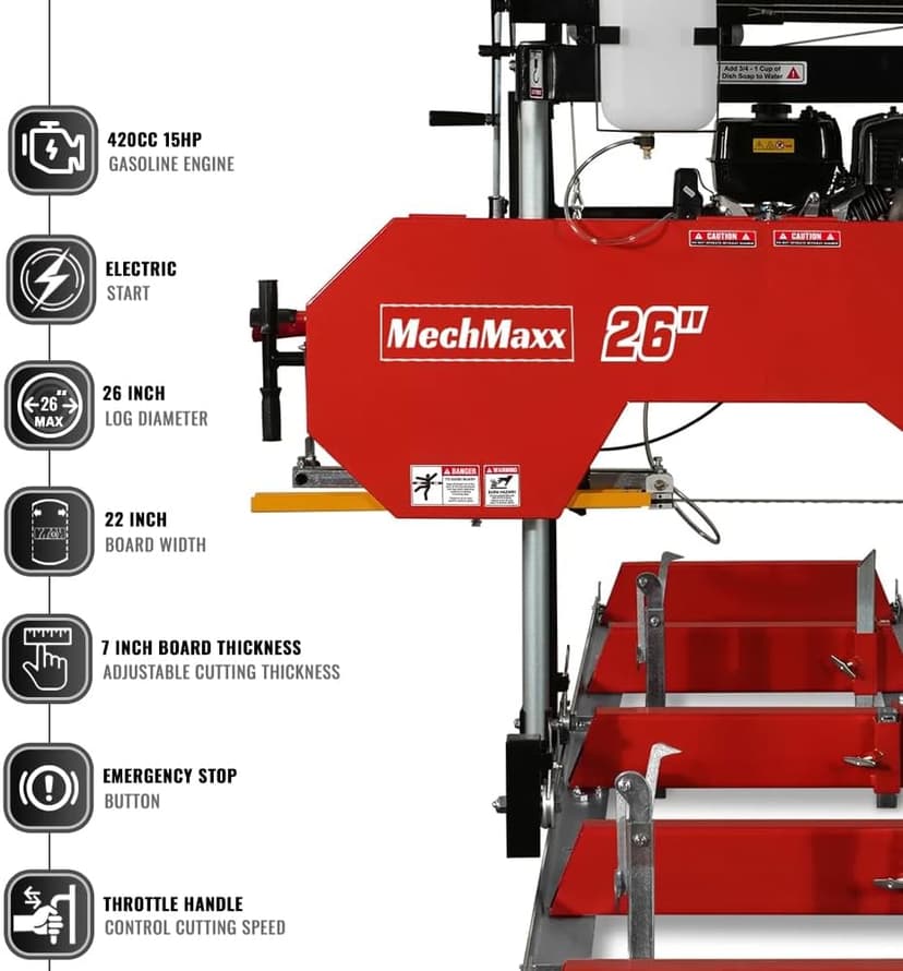 26" inch Portable Sawmill,420cc 15HP E-Start Gasoline Engine, 22" Board Width,13' Track Length, Model SM-26