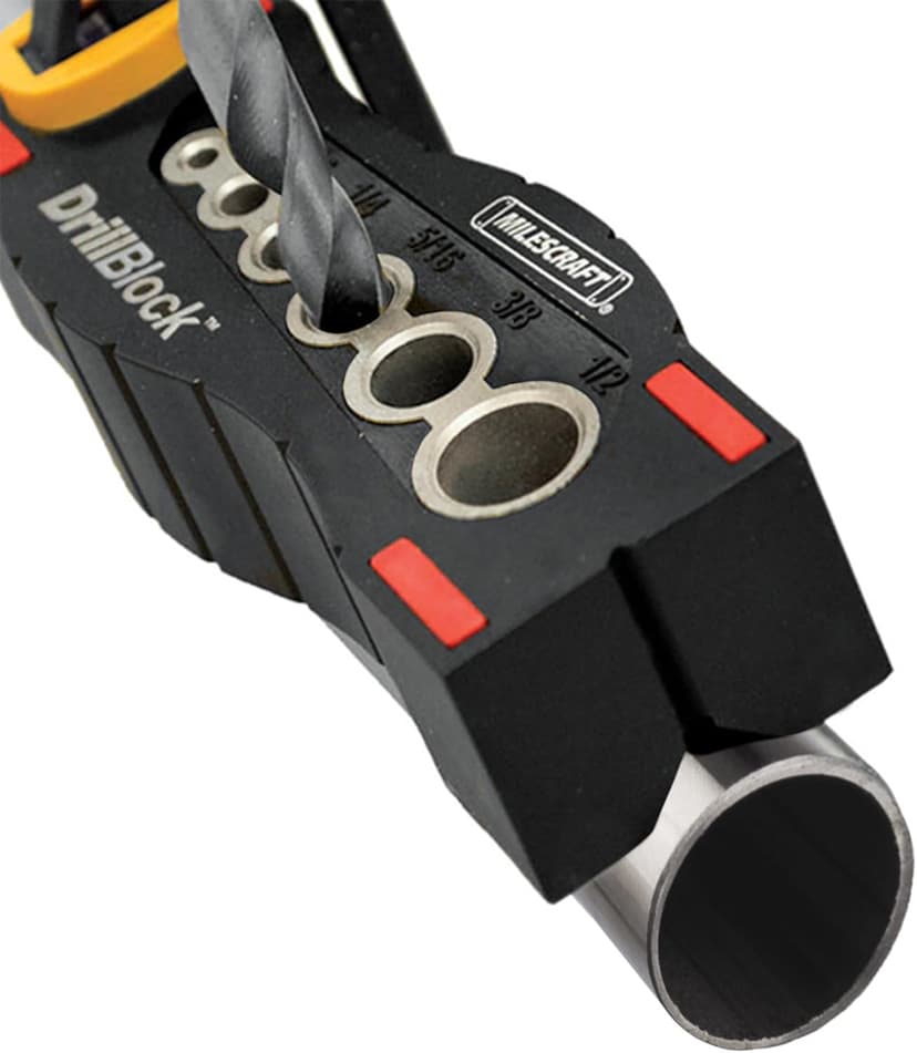 Milescraft 1312 Drill Block - Handheld Drilling Guide, Drilling Jig with Drill Guides for 6 of the Most Common Imperial Drill Bit Sizes, Precision Drilling Tool Accessory