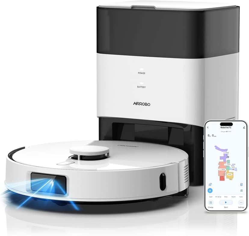 AIRROBO T30+ Robot Vacuum and Mop, 60-Day Self-Emptying, Proactive Intelligence Obstacle Avoidance, Carpet Detection, Tangle-Free Brush, 6000PA Suction, LDS Mapping, APP ＆ Voice Control