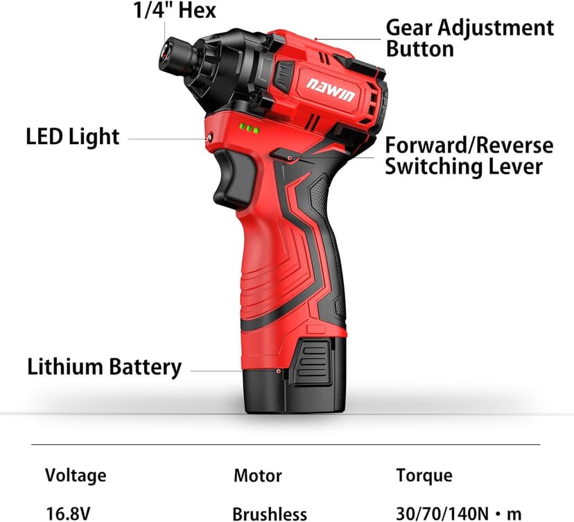 Cordless Impact Driver Kit 16.8V Max Torque 140Nm（105ft-lbs）High Rotation Electric Impact Driver Brushless Motor Continuously Variable Rechargeable 1/4" impact driver 2.0Ah Batteries