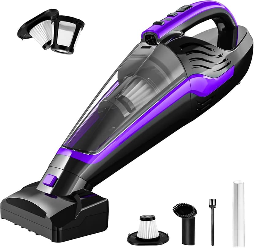 Pet Hair Handheld Vacuum, Car Vacuum Portable Cordless Rechargeable with Reusable Filter and Motorized Brush for Carpet, Couch & Stairs, Purple, 17.4"X 4.6"X 6.6"