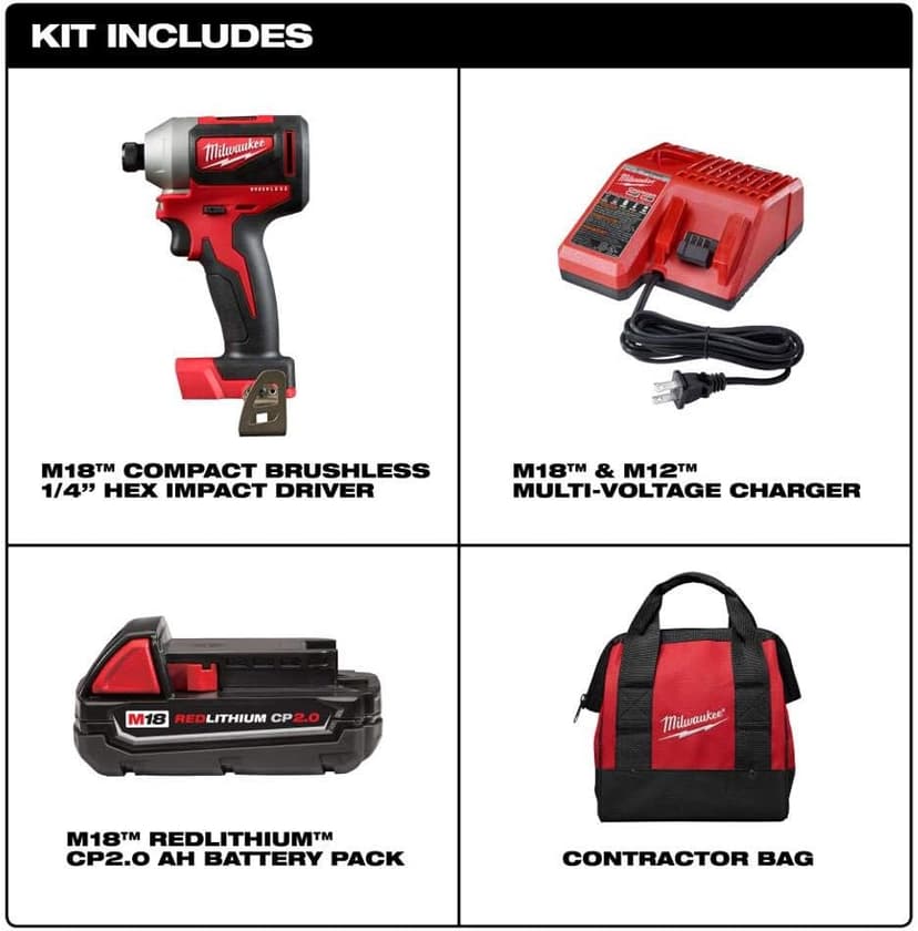 Milwaukee 2850-21P M18 Brushless Lithium-Ion Compact 1/4 in. Cordless Hex Impact Driver Kit (2 Ah)