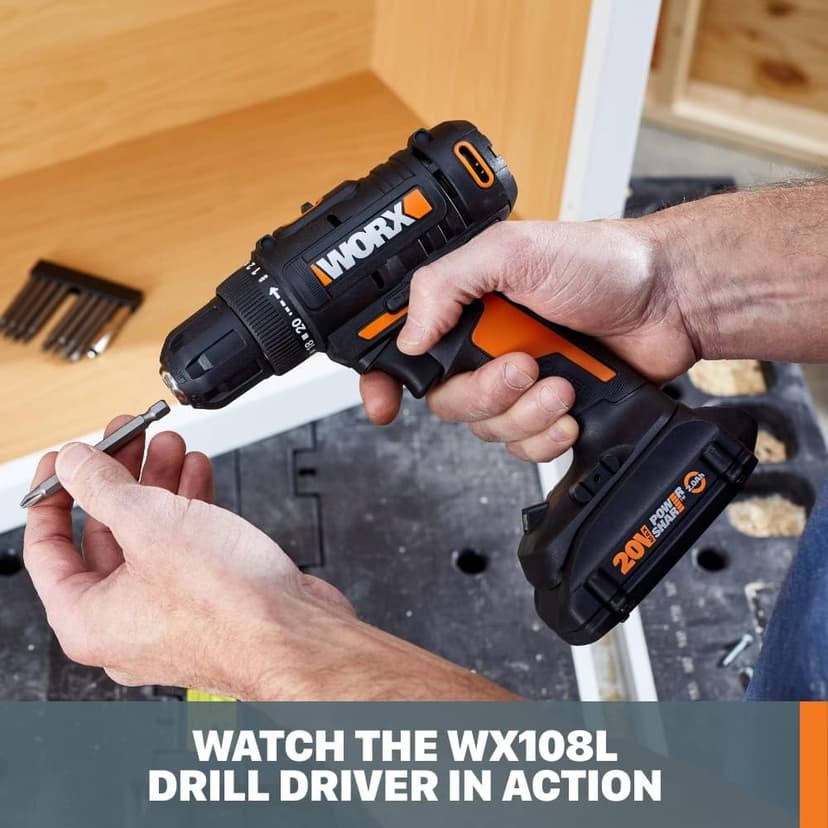 Worx 20V Cordless Drill Driver, 84pc Accessory Kit, Variable 2-Speed, 265 In-Lbs Torque, 20+1 Clutch, Lightweight, Compact, 3/8-Inch Keyless Chuck - Battery & Charger Included