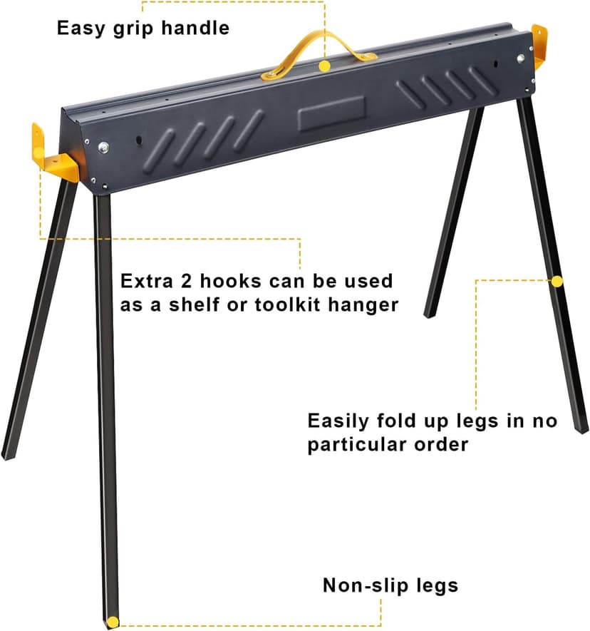 FORUP 2 Pack Heavy Duty Folding Portable Saw Horses Table, 1322 Lbs Load Capacity Metal Saw Horse with Fast Open Legs and Easy Grip Handle for Woodworking, Dark Grey & Yellow