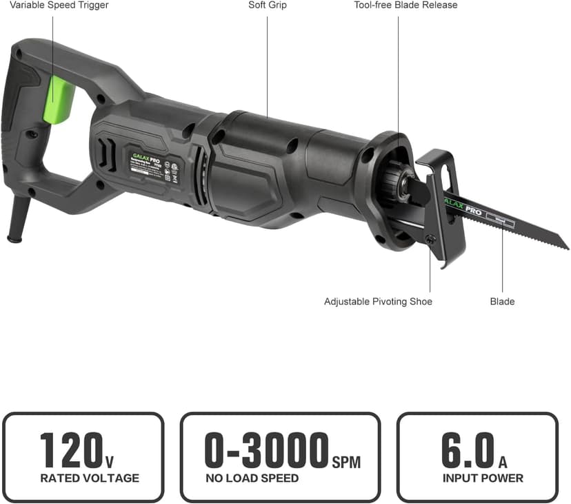 GALAX PRO 120V Reciprocating Saw, 6.0 Amp Variable Speed Corded Reciprocating Saw with1-1/8" Stroke Length, 2800RPM and 6" Max for Wood, Metal, PVC Pipe Cutting