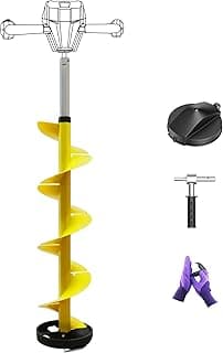 Nylon 8 Inch Ice Auger, 35.95 Inch Extended for Drilling Deep Ice Fishing Holes, Durable Polymer Auger Drill Bit for Ice Post Hole Digger w/Sharp Blade & Cover, Ice Auger Adapter with Handle-Yellow