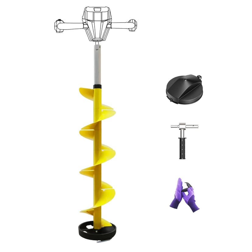 Nylon 8 Inch Ice Auger, 35.95 Inch Extended for Drilling Deep Ice Fishing Holes, Durable Polymer Auger Drill Bit for Ice Post Hole Digger w/Sharp Blade & Cover, Ice Auger Adapter with Handle-Yellow