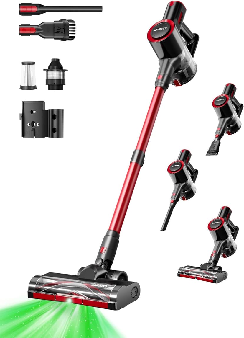 uwant Cordless Vacuum Cleaner 35Kpa Powerful Suction Wide Green Headlight Vacuum Cleaner for Home Pet Hair Anti-Tangle HEPA Lightweight Handheld Vacuum for Carpet Hard Floors (Black)