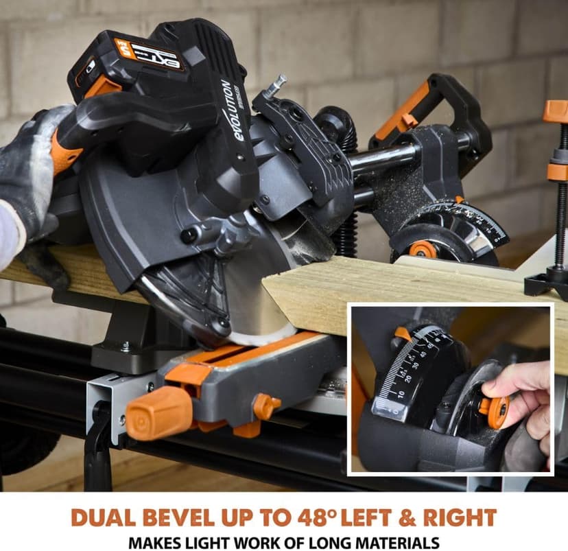 Evolution R255SMS-DB-Li Cordless Dual Bevel Sliding Miter Saw | 40V Brushless Motor | 48° Bevel, 50° Miter | Compact & Lightweight | Includes Multi-Material Blade, Battery & Charger