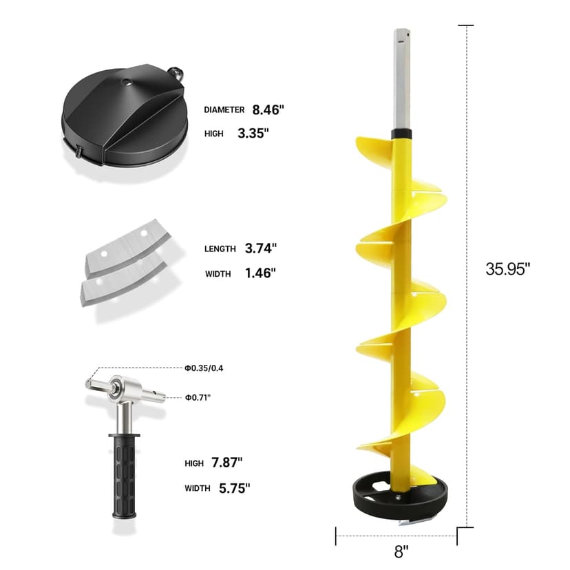 Nylon 8 Inch Ice Auger, 35.95 Inch Extended for Drilling Deep Ice Fishing Holes, Durable Polymer Auger Drill Bit for Ice Post Hole Digger w/Sharp Blade & Cover, Ice Auger Adapter with Handle-Yellow