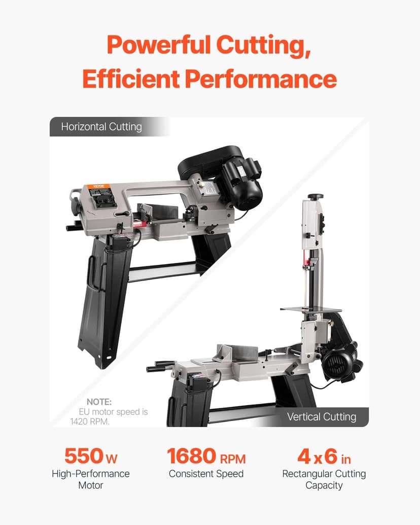 VEVOR Metal Horizontal Band Saw, 4 x 6 in Rectangular Cutting Capacity, 110V, 550W, 0-45 Angle Adjustment, Variable Speed, for Metal, Wood, and Plastic